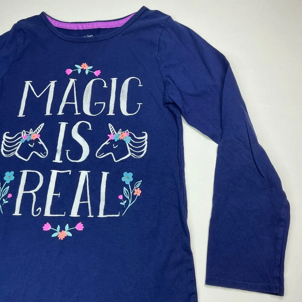 OshKosh Blue Magic Is Real Dress Kids Size 12 Unicorn Ruffle Long Sleeve Cotton